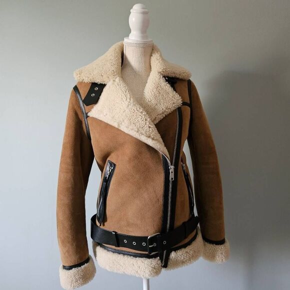All Saints Jackets & Blazers - AllSaints Rei Shearling Suede Leather Moto Jacket Size Small in Sand Brown/Ecru